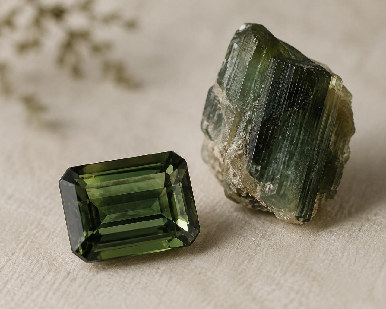 A cut green tourmaline beside a rough crystal on ivory linen